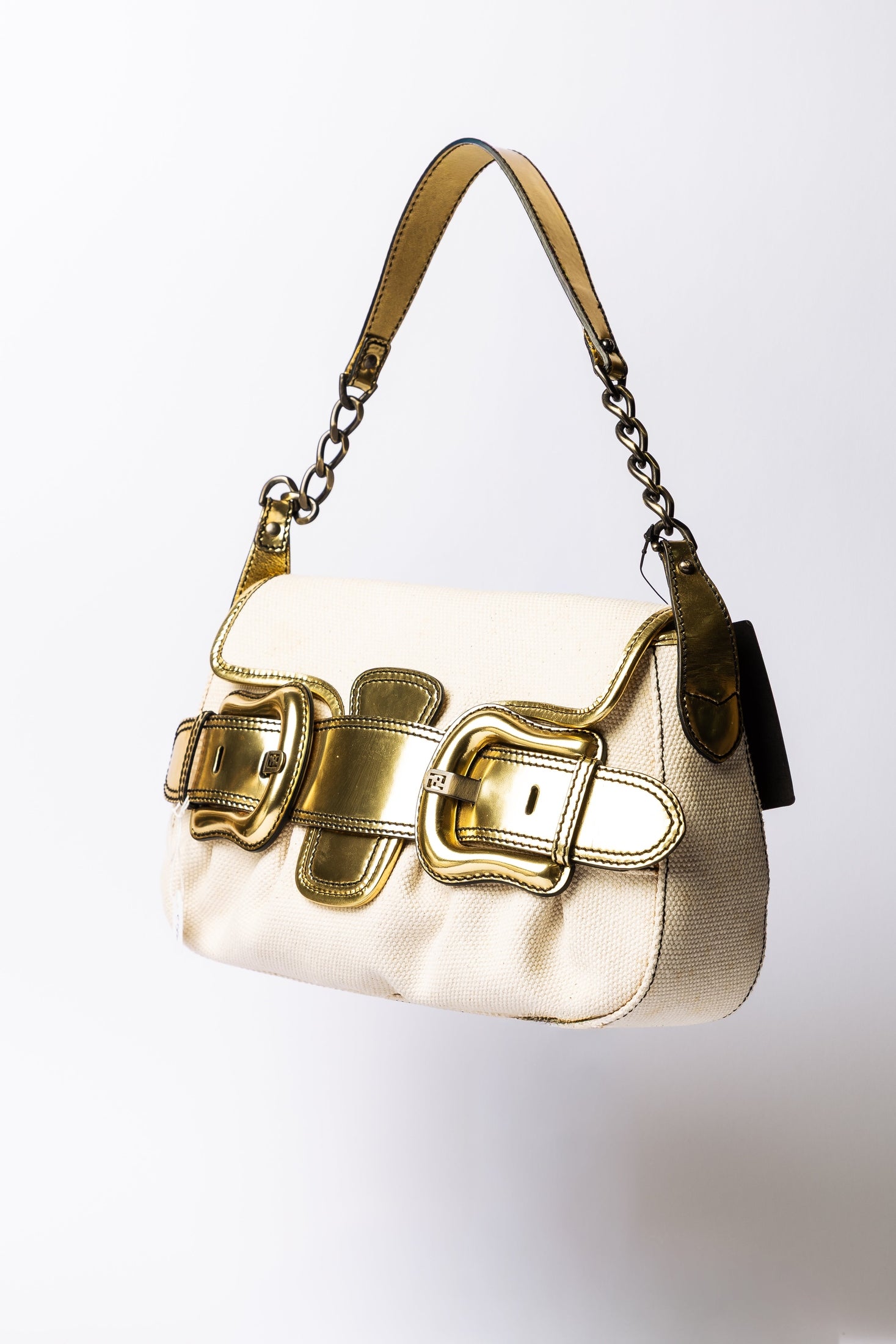 Fendi B Buckle Baguette (Canvas & Leather – Gold Details)