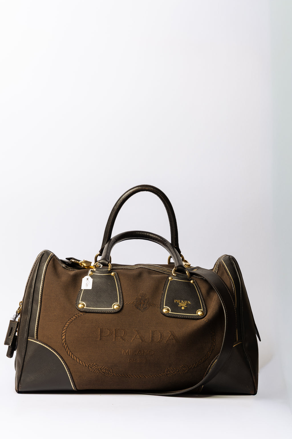 Prada Tessuto & Leather Bowler / Boston Bag (colore: marrone)
