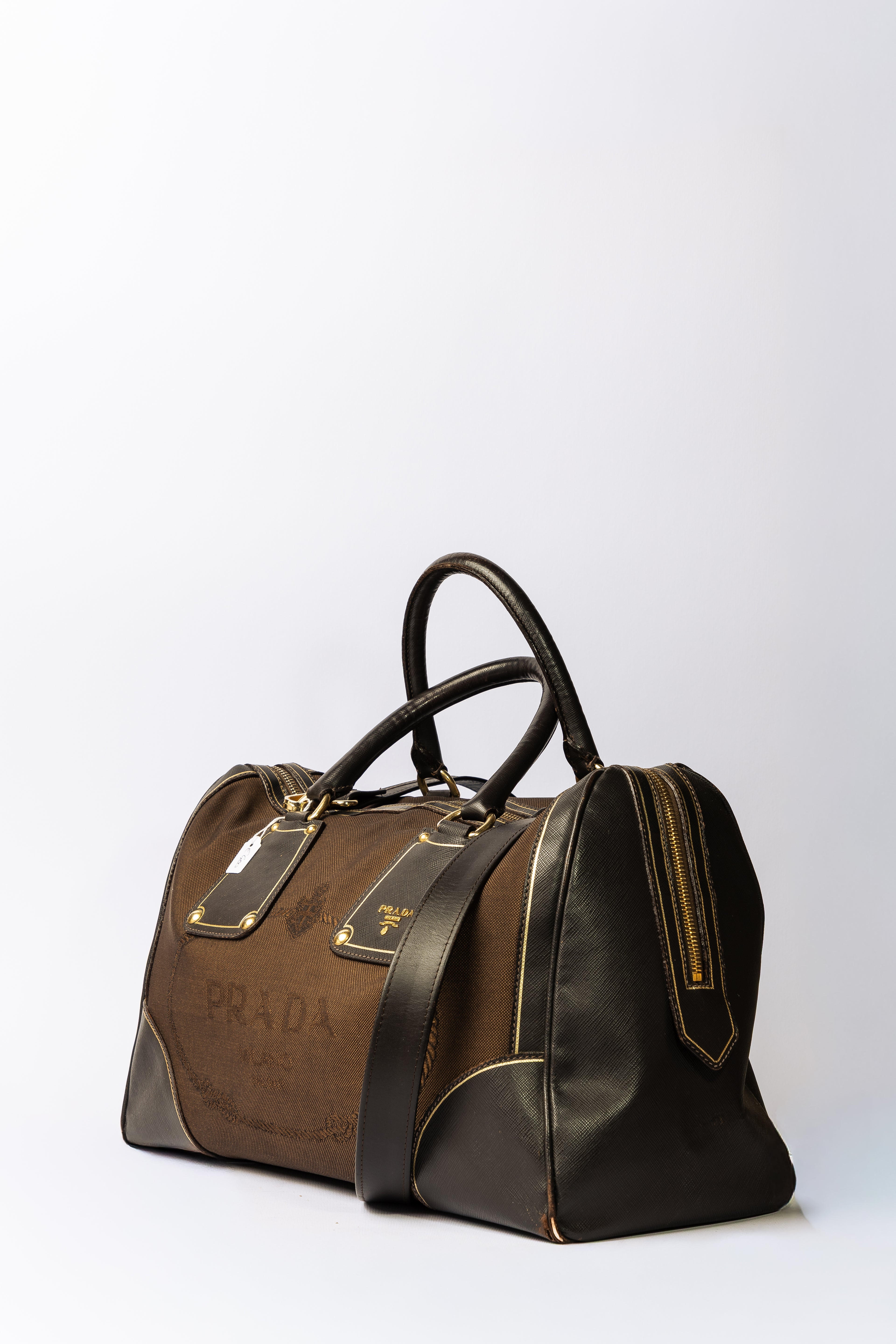 Prada Tessuto & Leather Bowler / Boston Bag (colore: marrone)